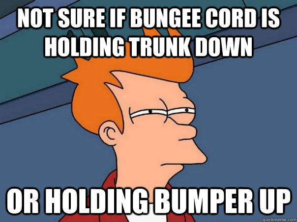 Not sure If bungee cord is holding trunk down Or holding bumper up - Not sure If bungee cord is holding trunk down Or holding bumper up  Futurama Fry