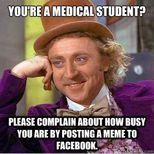 You're a medical student? Please complain about how busy you are by posting a meme to Facebook. - You're a medical student? Please complain about how busy you are by posting a meme to Facebook.  Academic wonka