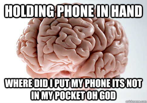 Holding phone in hand Where did i put my phone its not in my pocket oh god - Holding phone in hand Where did i put my phone its not in my pocket oh god  Scumbag Brain