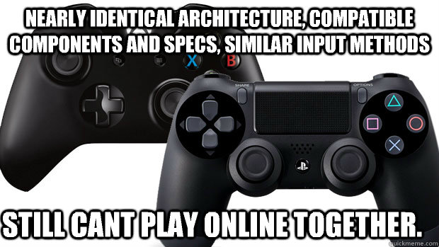 Nearly identical architecture, compatible components and specs, similar input methods Still cant play online together.   - Nearly identical architecture, compatible components and specs, similar input methods Still cant play online together.    Misc