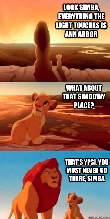 Look simba, everything the light touches is Ann Arbor What about that shadowy place? That's ypsi, you must never go there, simba  SIMBA