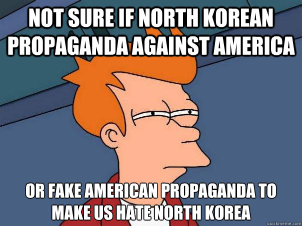 Not sure if North Korean Propaganda against America or fake American propaganda to make us hate North Korea  Futurama Fry