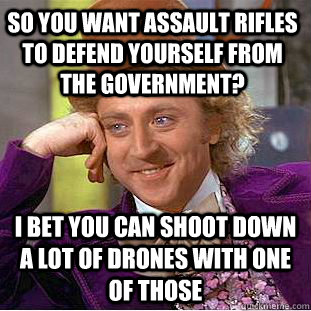 SO you want assault rifles to defend yourself from the government? i bet you can shoot down a lot of drones with one of those  Condescending Wonka