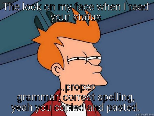THE LOOK ON MY FACE WHEN I READ YOUR STATUS ...PROPER GRAMMAR, CORRECT SPELLING, YEAH YOU COPIED AND PASTED. Futurama Fry