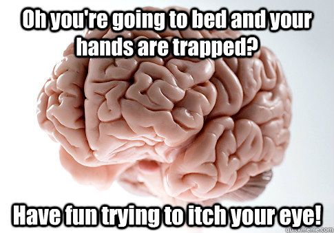 Oh you're going to bed and your hands are trapped? Have fun trying to itch your eye!  Scumbag Brain