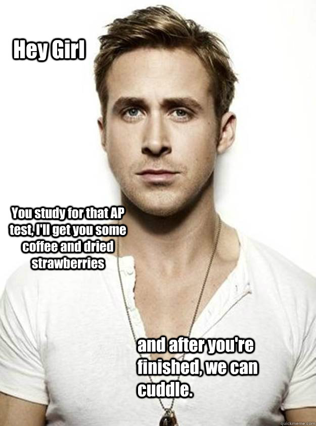 Hey Girl You study for that AP test, I'll get you some coffee and dried strawberries and after you're finished, we can cuddle.  Ryan Gosling Hey Girl
