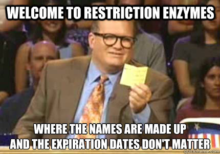 Welcome to Restriction Enzymes Where the names are made up
And the expiration dates don't matter - Welcome to Restriction Enzymes Where the names are made up
And the expiration dates don't matter  Misc