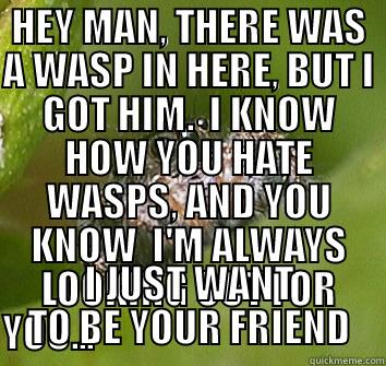 TEST MEME - HEY MAN, THERE WAS A WASP IN HERE, BUT I GOT HIM.  I KNOW HOW YOU HATE WASPS, AND YOU KNOW  I'M ALWAYS LOOKING OUT FOR YOU...                                                                                                                                   I JUST WANT TO BE YOUR FRIEND Misunderstood Spider