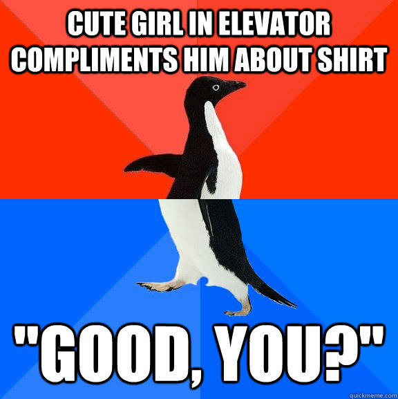 Cute girl in elevator compliments him about shirt 