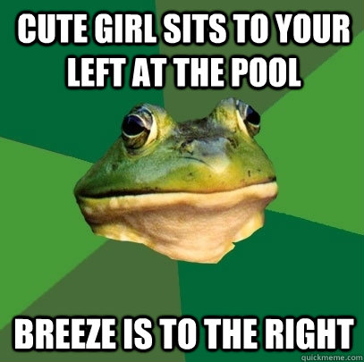 Cute GIrl Sits to your left at the pool Breeze is to the right  Foul Bachelor Frog