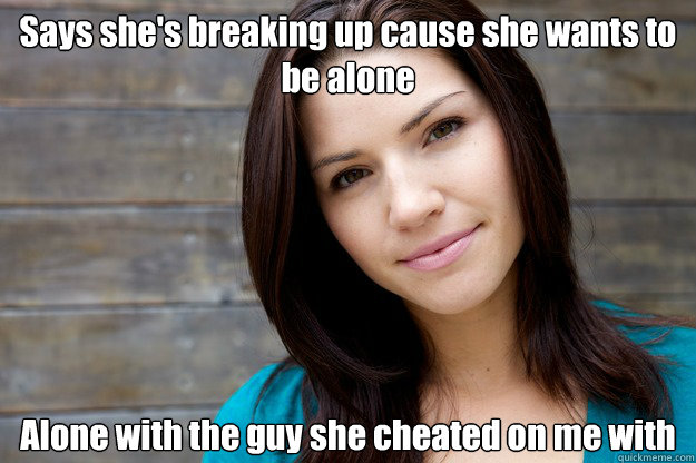 Says she's breaking up cause she wants to be alone  Alone with the guy she cheated on me with   Women Logic