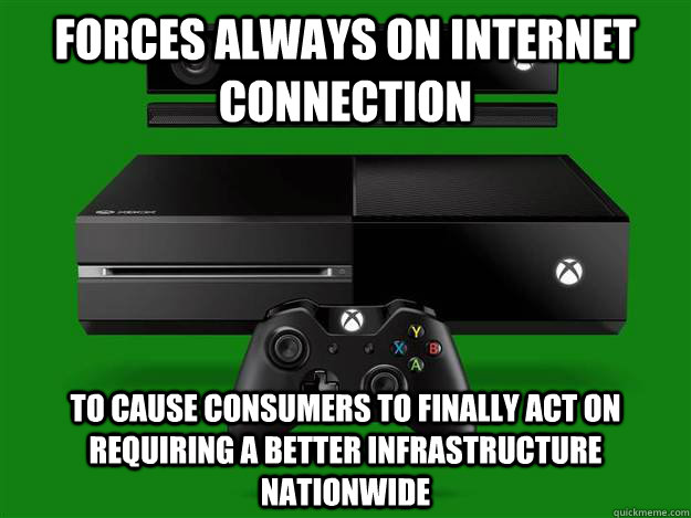 Forces always on internet connection to cause consumers to finally act on requiring a better infrastructure nationwide  Good Guy Microsoft