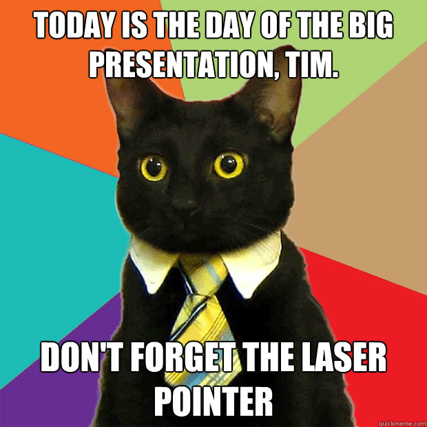 Today is the day of the big presentation, Tim. Don't forget the laser pointer  Business Cat
