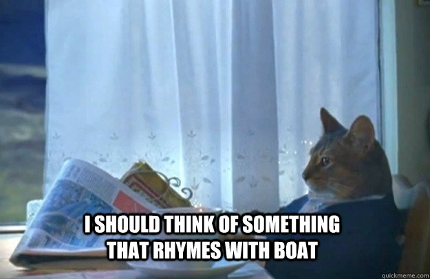 I should think of something that rhymes with boat  Sophisticated Cat