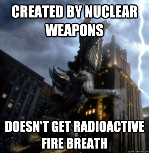 Created by nuclear weapons Doesn't get radioactive fire breath - Created by nuclear weapons Doesn't get radioactive fire breath  Bad Luck Zilla