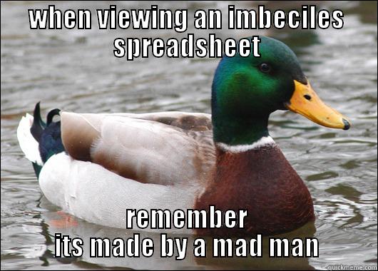 WHEN VIEWING AN IMBECILES SPREADSHEET REMEMBER ITS MADE BY A MAD MAN Actual Advice Mallard