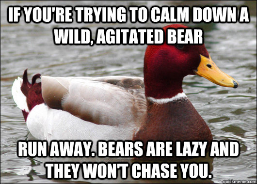 If you're trying to calm down a wild, agitated bear run away. Bears are lazy and they won't chase you.   Malicious Advice Mallard