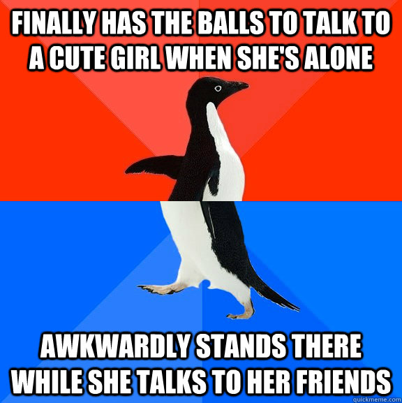 finally has the balls to talk to a cute girl when she's alone  awkwardly stands there while she talks to her friends   Socially Awesome Awkward Penguin