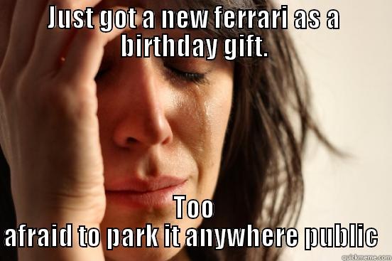 JUST GOT A NEW FERRARI AS A BIRTHDAY GIFT. TOO AFRAID TO PARK IT ANYWHERE PUBLIC  First World Problems