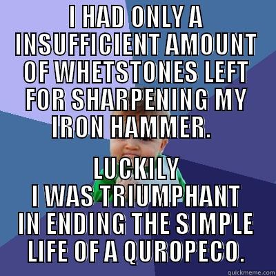 I HAD ONLY A INSUFFICIENT AMOUNT OF WHETSTONES LEFT FOR SHARPENING MY IRON HAMMER.   LUCKILY I WAS TRIUMPHANT IN ENDING THE SIMPLE LIFE OF A QUROPECO. Success Kid