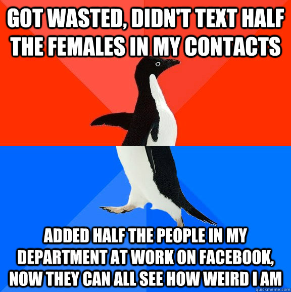 got wasted, Didn't text half the females in my contacts added half the people in my department at work on facebook, now they can all see how weird i am  Socially Awesome Awkward Penguin