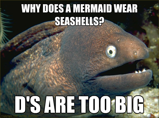 Why does a mermaid wear seashells? D's are too big - Why does a mermaid wear seashells? D's are too big  Bad Joke Eel