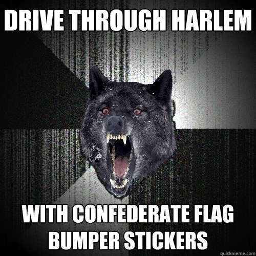 drive through harlem with confederate flag bumper stickers  Insanity Wolf