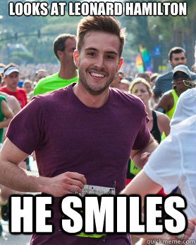 Looks at Leonard Hamilton He smiles  Ridiculously photogenic guy