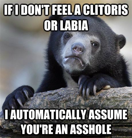 If I don't feel a clitoris or labia I automatically assume you're an asshole  Confession Bear
