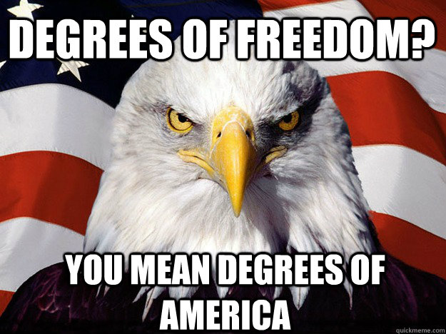 Degrees of freedom? you mean degrees of america  Patriotic Eagle