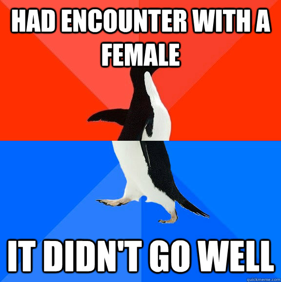 had encounter with a female it didn't go well  Socially Awesome Awkward Penguin