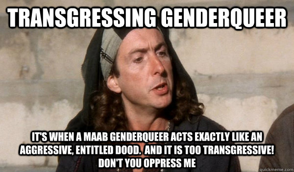 transgressing genderqueer it's when a maab genderqueer acts exactly like an aggressive, entitled dood.  and it is too transgressive!  don't you oppress me  