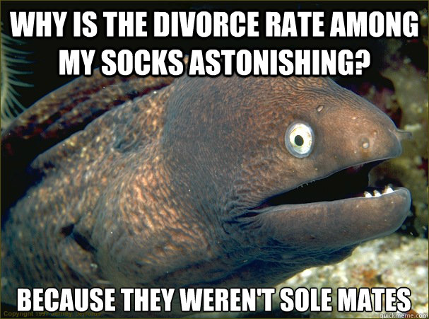 Why is the divorce rate among my socks astonishing? Because they weren't sole mates  Bad Joke Eel