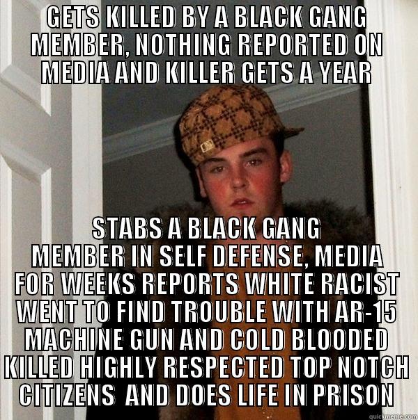 GETS KILLED BY A BLACK GANG MEMBER, NOTHING REPORTED ON MEDIA AND KILLER GETS A YEAR STABS A BLACK GANG MEMBER IN SELF DEFENSE, MEDIA FOR WEEKS REPORTS WHITE RACIST WENT TO FIND TROUBLE WITH AR-15 MACHINE GUN AND COLD BLOODED KILLED HIGHLY RESPECTED TOP NOTCH CITIZENS  AND DOES LIFE IN PRISON Scumbag Steve
