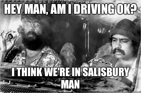 Hey man, am I driving ok? I think we're in Salisbury man - Hey man, am I driving ok? I think we're in Salisbury man  Cheech and Chong