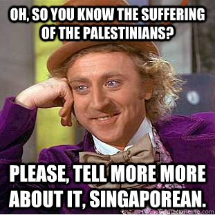 OH, SO YOU KNOW THE SUFFERING OF THE PALESTINIANS? Please, tell more more about it, Singaporean.   Psychotic Willy Wonka