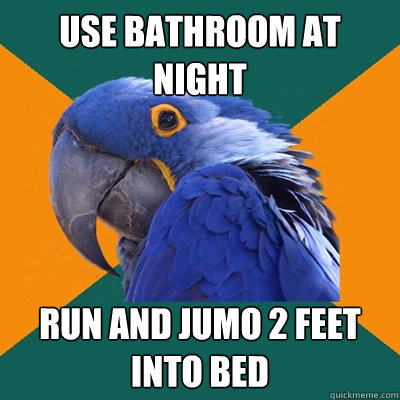 Use bathroom at night run and jumo 2 feet into bed  Paranoid Parrot