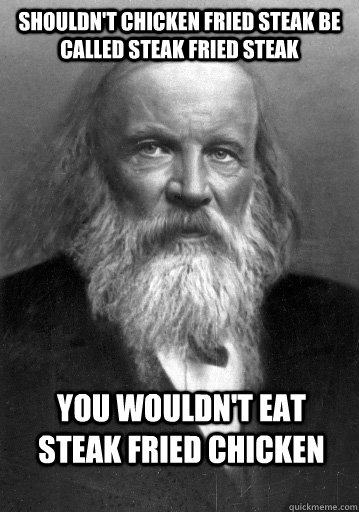 shouldn't chicken fried steak be called steak fried steak you wouldn't eat steak fried chicken - shouldn't chicken fried steak be called steak fried steak you wouldn't eat steak fried chicken  Good Guy Dmitri Mendeleev