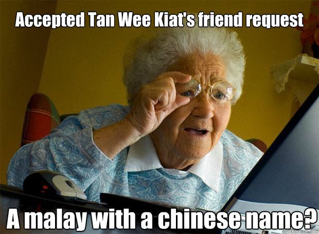 Accepted Tan Wee Kiat's friend request A malay with a chinese name?   Caption 5 goes here  Grandma finds the Internet