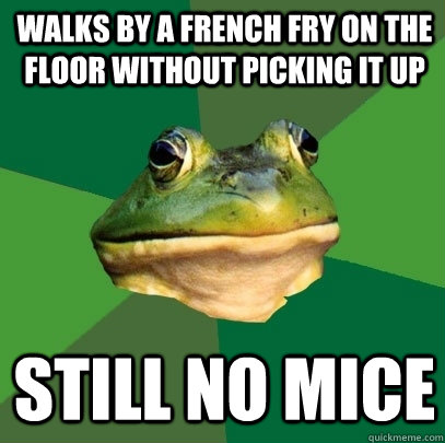 Walks by a french fry on the floor without picking it up still no mice  Foul Bachelor Frog
