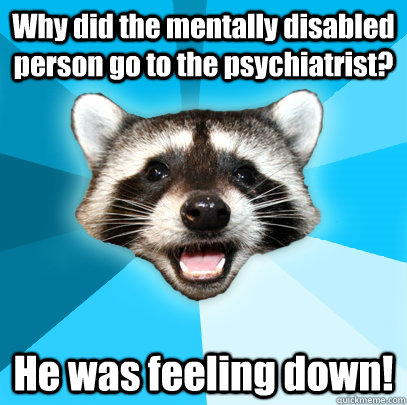Why did the mentally disabled person go to the psychiatrist? He was feeling down!  Lame Pun Coon