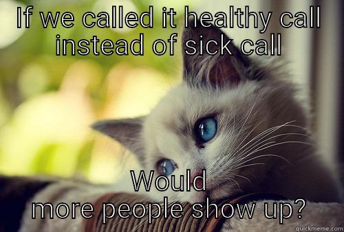 Sick call - IF WE CALLED IT HEALTHY CALL INSTEAD OF SICK CALL WOULD MORE PEOPLE SHOW UP? First World Problems Cat