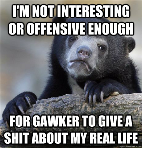 I'm not interesting or offensive enough For Gawker to give a shit about my real life  Confession Bear