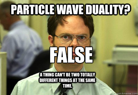 Particle wave Duality? False

 A thing can't be two totally different things at the same time.   Schrute
