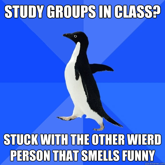 study groups in class? stuck with the other wierd person that smells funny  Socially Awkward Penguin