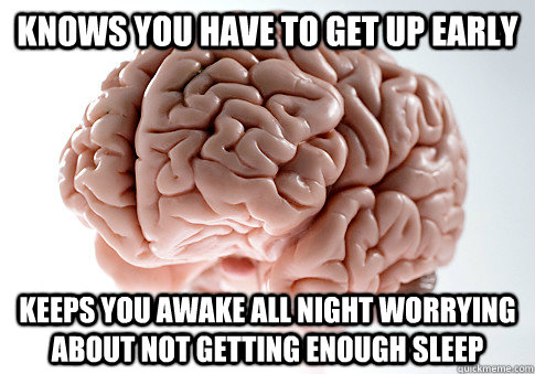Knows you have to get up early  keeps you awake all night worrying about not getting enough sleep  Scumbag Brain