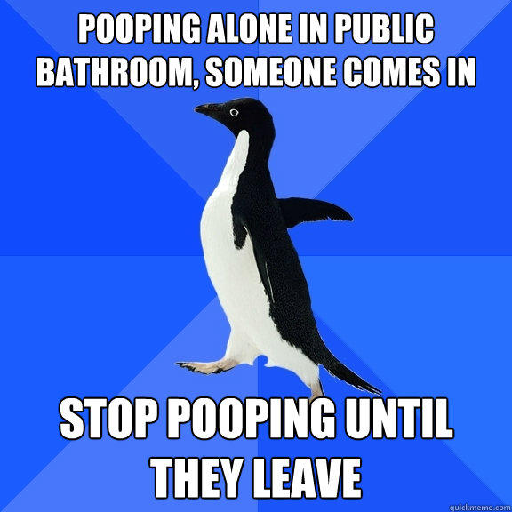 Pooping alone in public bathroom, someone comes in Stop pooping until they leave  Socially Awkward Penguin