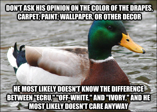 don't ask his opinion on the color of the drapes, carpet, paint, wallpaper, or other decor he most likely doesn't know the difference between 