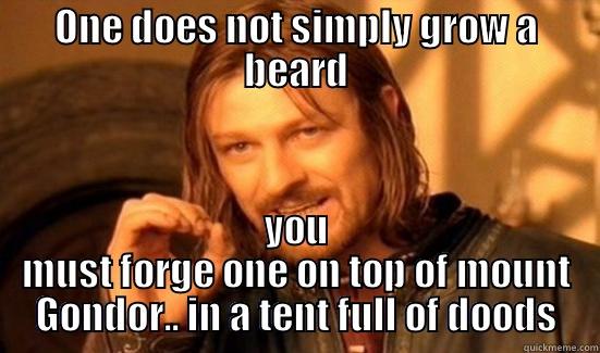 Beard Meme - ONE DOES NOT SIMPLY GROW A BEARD YOU MUST FORGE ONE ON TOP OF MOUNT GONDOR.. IN A TENT FULL OF FOODS Boromir