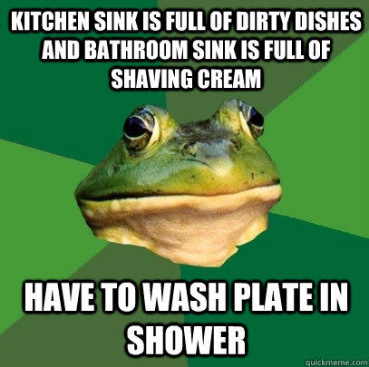 Kitchen sink is full of dirty dishes and bathroom sink is full of shaving cream have to wash plate in shower  Foul Bachelor Frog